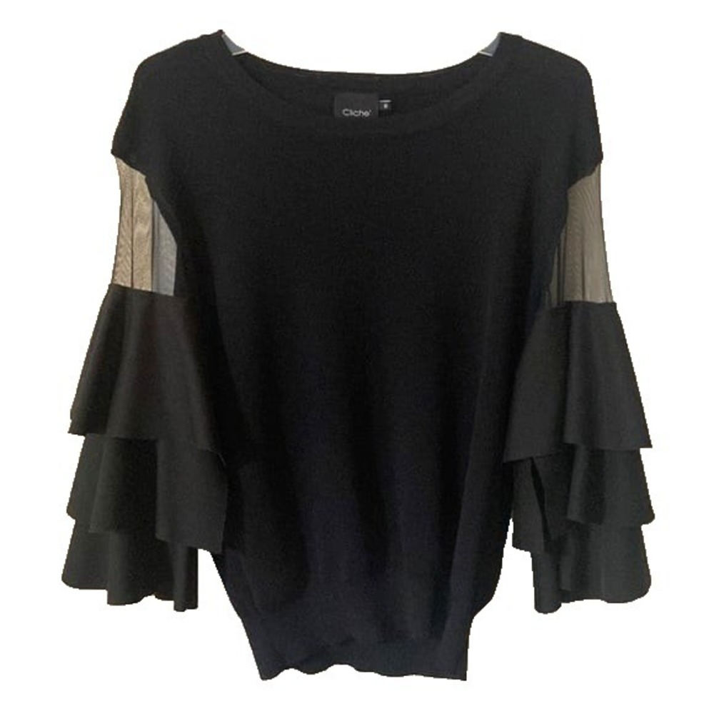 Cliche Black Blouse Women's Top Size M Medium Ruffle Sleeves Sheer Net
